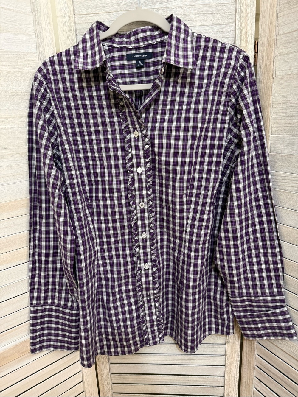 Lands' End Purple and White Plaid Button-Down Shirt